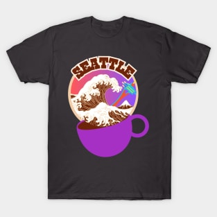 Seattle. Great Wave of Coffee in a Purple Cup. T-Shirt